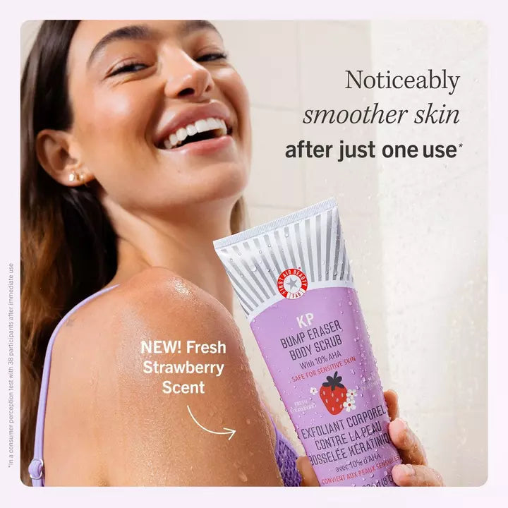 First Aid Beauty KP Bump Eraser Body Scrub with 10% AHA Fresh Strawberry 8 oz