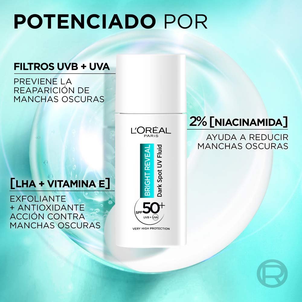 L'Oréal Bright Reveal Fluido Anti-Manchas con Filtro UV SPF 50+ Niacinamida + LHA 50 ml / 1.7 oz