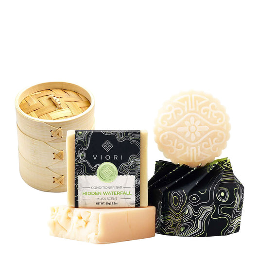 Viori Hair Shampoo & Conditioner Bar with Bamboo Holder Set | Hidden Waterfall